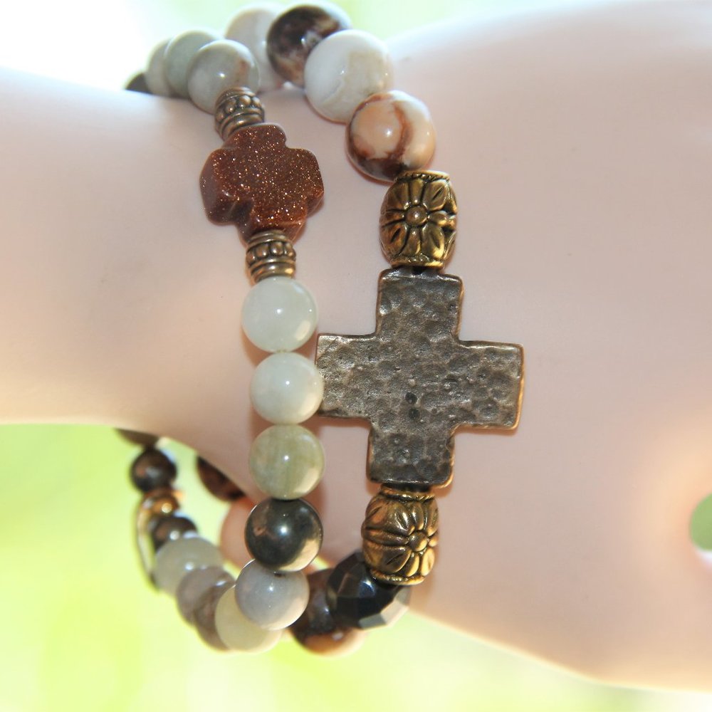 2 Semi-precious Gemstone Cross Bracelets